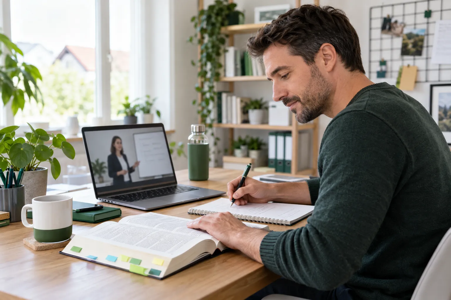 Symbolbild: Lernender mit Gesetzesbuch, Notizen und Online-Unterricht am Laptop